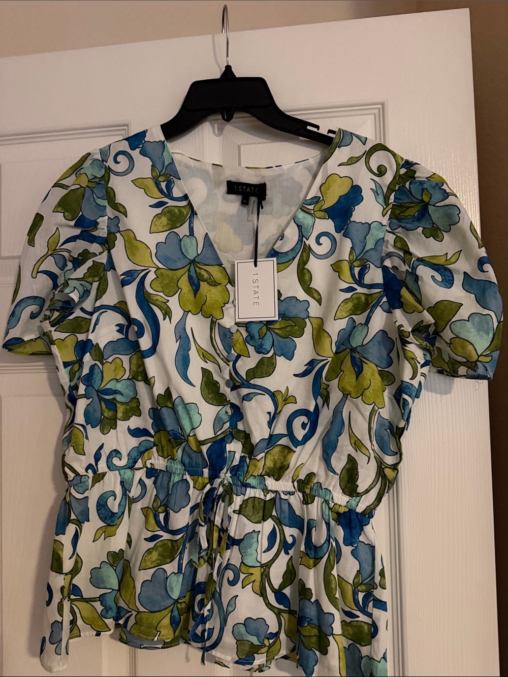 STATE Blue & Green Floral V-Neck Peplum top